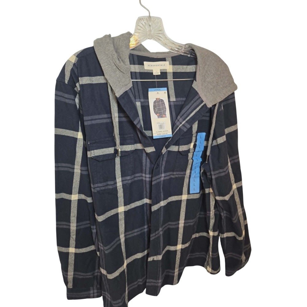 Aeropostale Mens Flannel Hoodie Dress Blues Plaid Button Front Shirt NWT Large